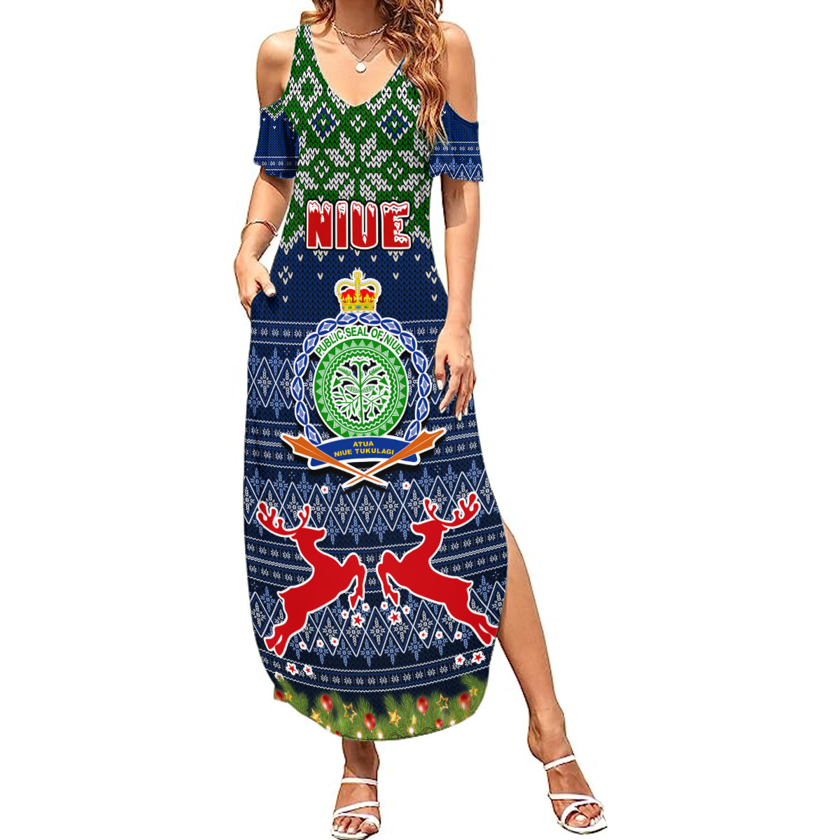 Personalised Niue Christmas Summer Maxi Dress Coat of Arms and Map Beautiful Merry Xmas Snowflake LT03 Women Blue - Polynesian Pride