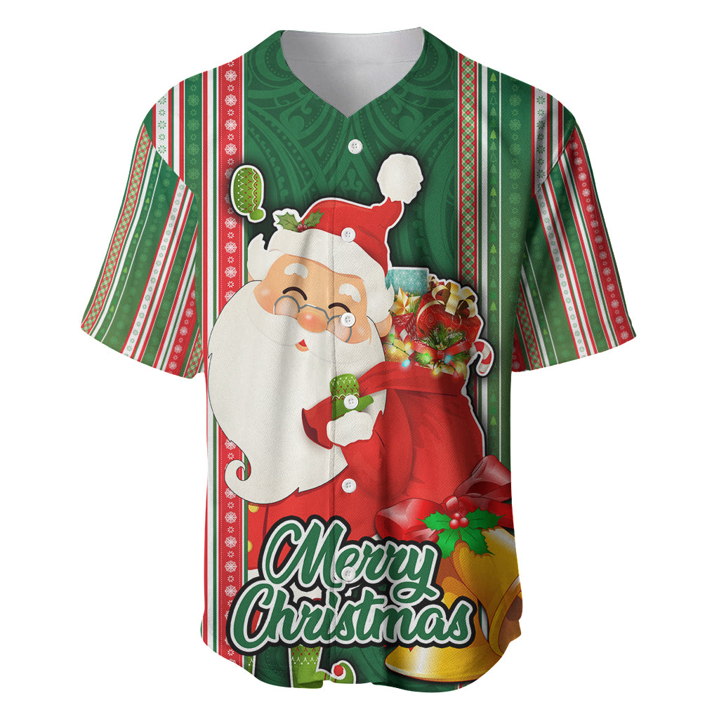 Kiribati Christmas Baseball Jersey Santa With Gift Bag Behind Ribbons Seamless Green Maori LT03 Green - Polynesian Pride