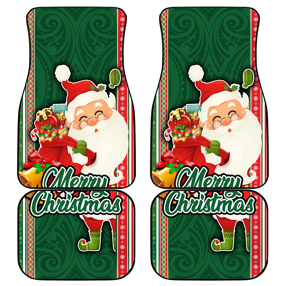 Kiribati Christmas Car Mats Santa With Gift Bag Behind Ribbons Seamless Green Maori LT03 Green - Polynesian Pride