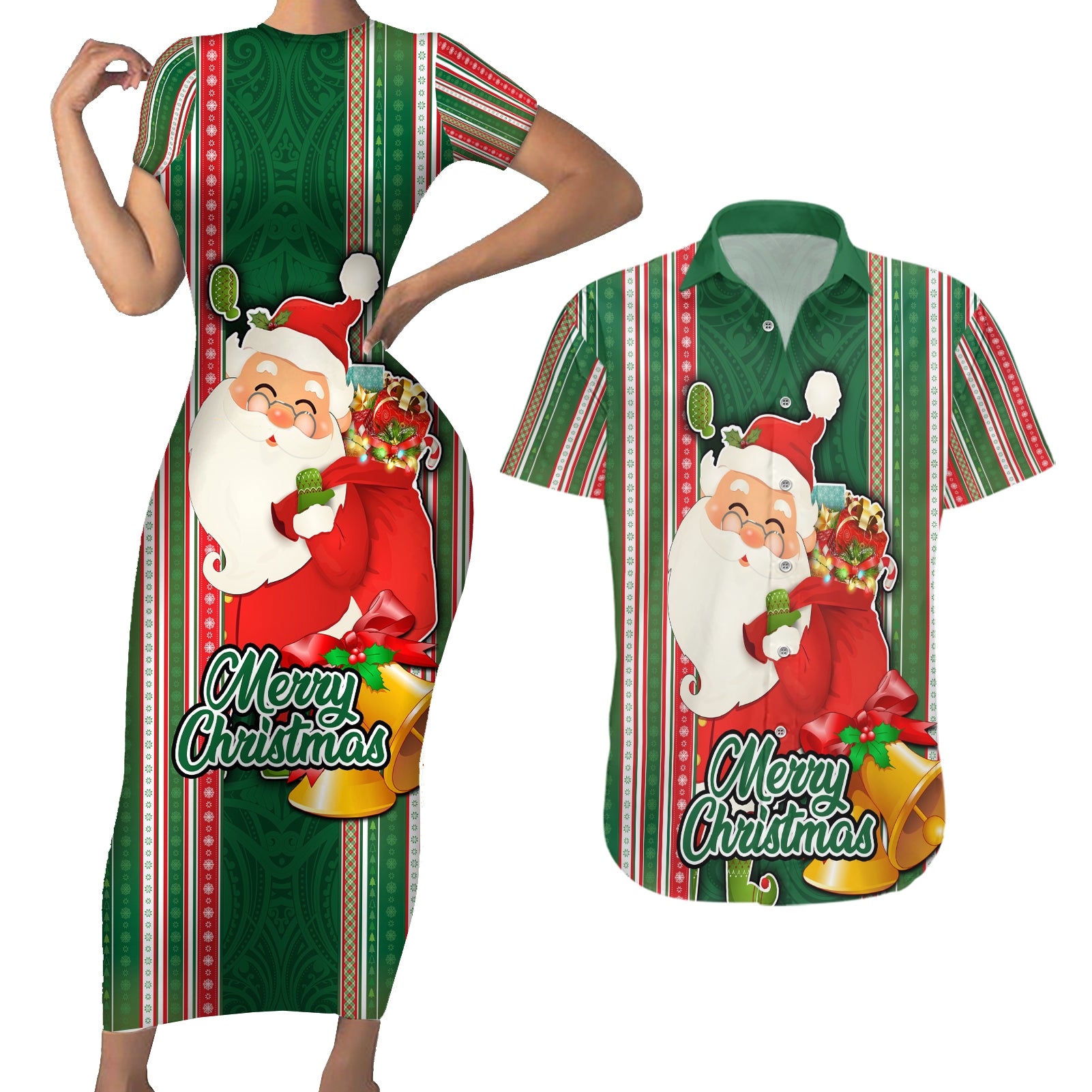 Kiribati Christmas Couples Matching Short Sleeve Bodycon Dress and Hawaiian Shirt Santa With Gift Bag Behind Ribbons Seamless Green Maori LT03 Green - Polynesian Pride