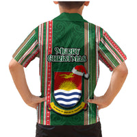 Kiribati Christmas Family Matching Mermaid Dress and Hawaiian Shirt Santa With Gift Bag Behind Ribbons Seamless Green Maori LT03 - Polynesian Pride