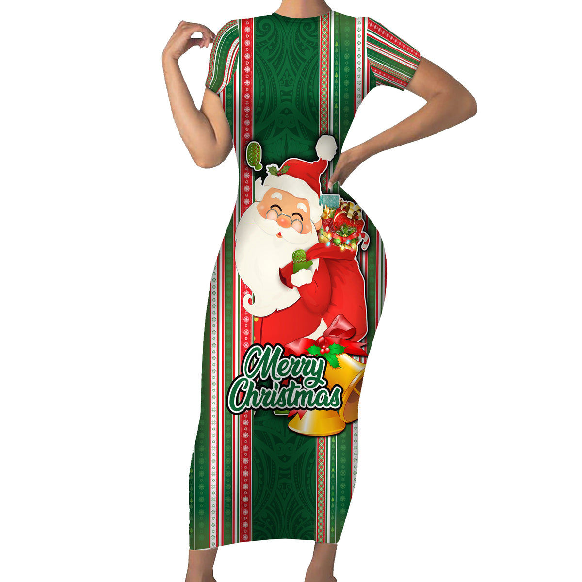 Kiribati Christmas Family Matching Short Sleeve Bodycon Dress and Hawaiian Shirt Santa With Gift Bag Behind Ribbons Seamless Green Maori LT03 Mom's Dress Green - Polynesian Pride