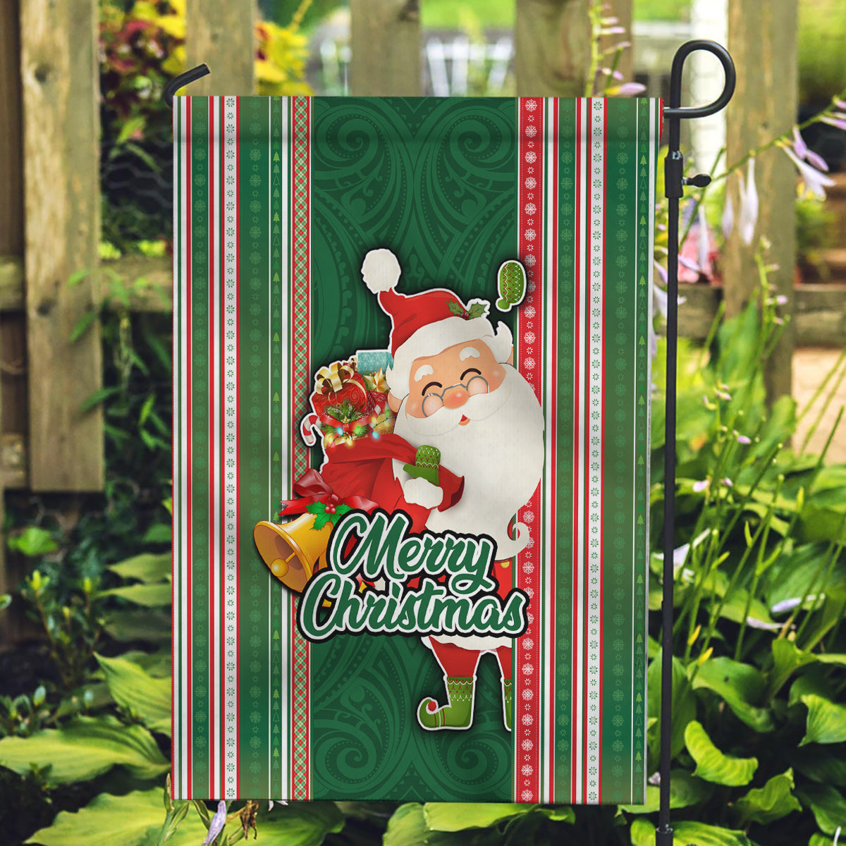 Kiribati Christmas Garden Flag Santa With Gift Bag Behind Ribbons Seamless Green Maori LT03 Garden Flag Green - Polynesian Pride