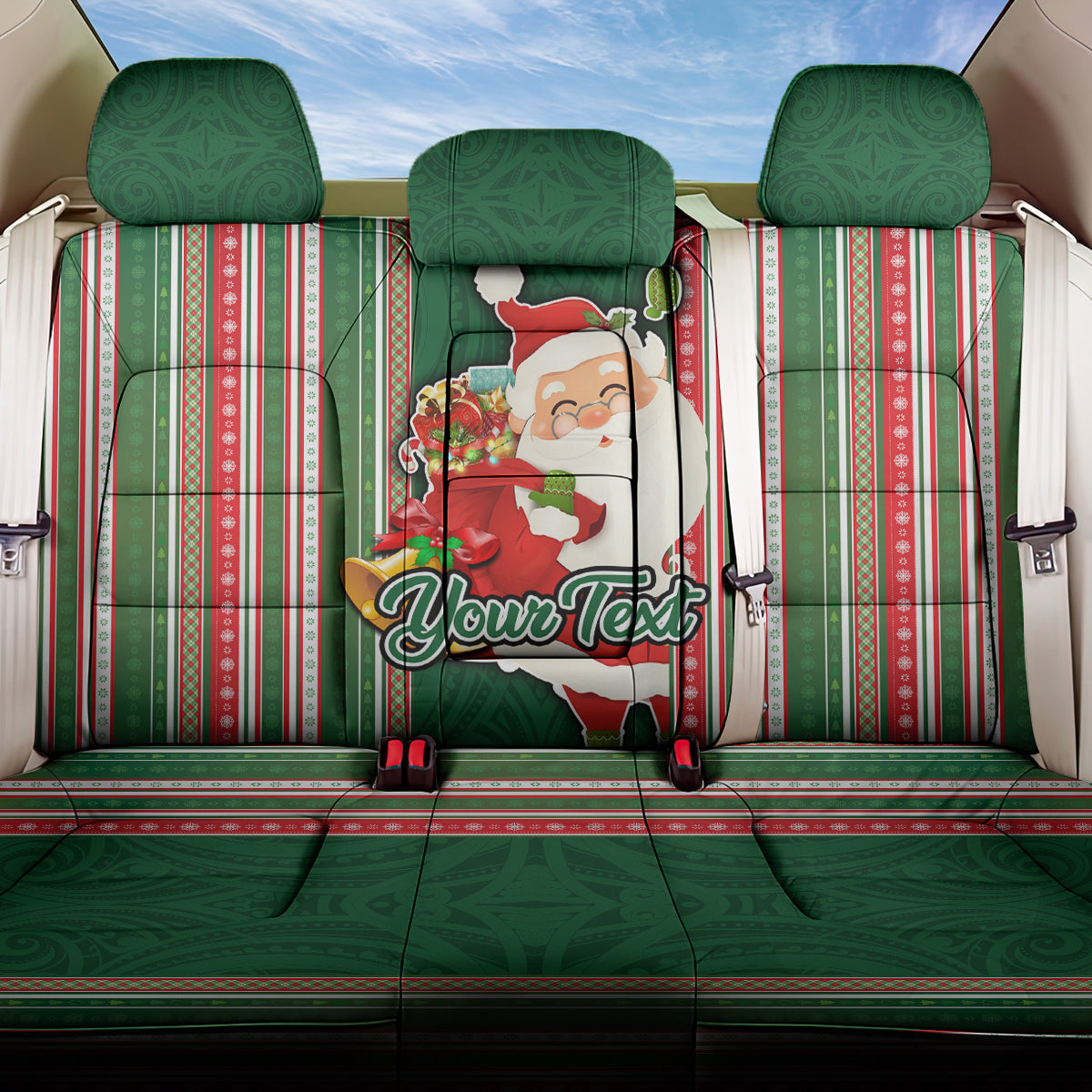 Custom Kiribati Christmas Back Car Seat Cover Santa With Gift Bag Behind Ribbons Seamless Green Maori