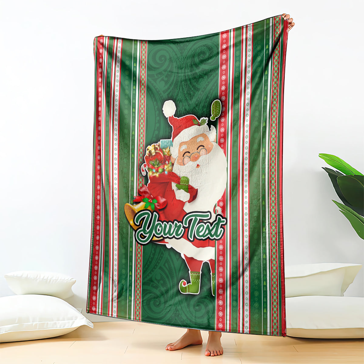 Custom Kiribati Christmas Blanket Santa With Gift Bag Behind Ribbons Seamless Green Maori LT03 Green - Polynesian Pride