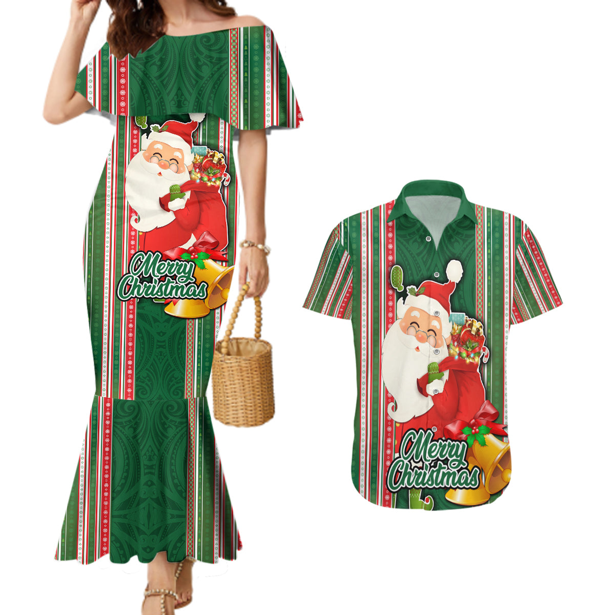 Custom Kiribati Christmas Couples Matching Mermaid Dress and Hawaiian Shirt Santa With Gift Bag Behind Ribbons Seamless Green Maori LT03 Green - Polynesian Pride