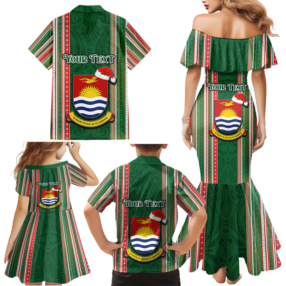 Custom Kiribati Christmas Family Matching Mermaid Dress and Hawaiian Shirt Santa With Gift Bag Behind Ribbons Seamless Green Maori LT03 - Polynesian Pride