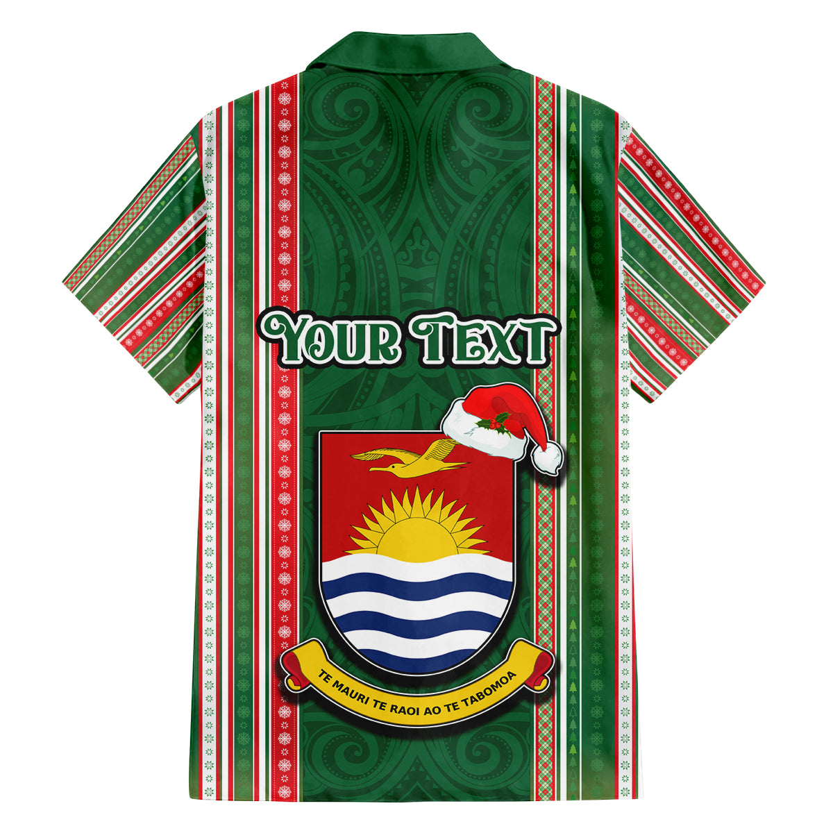 Custom Kiribati Christmas Family Matching Off Shoulder Short Dress and Hawaiian Shirt Santa With Gift Bag Behind Ribbons Seamless Green Maori LT03 - Polynesian Pride
