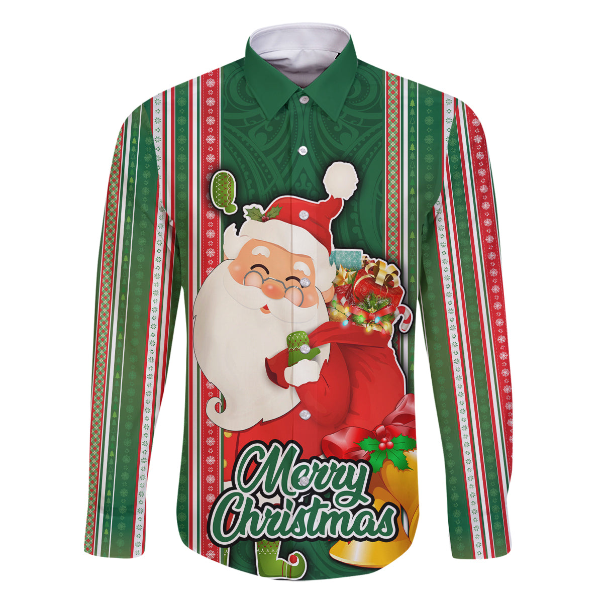 Custom Kiribati Christmas Family Matching Tank Maxi Dress and Hawaiian Shirt Santa With Gift Bag Behind Ribbons Seamless Green Maori LT03 Dad's Shirt - Long Sleeve Green - Polynesian Pride