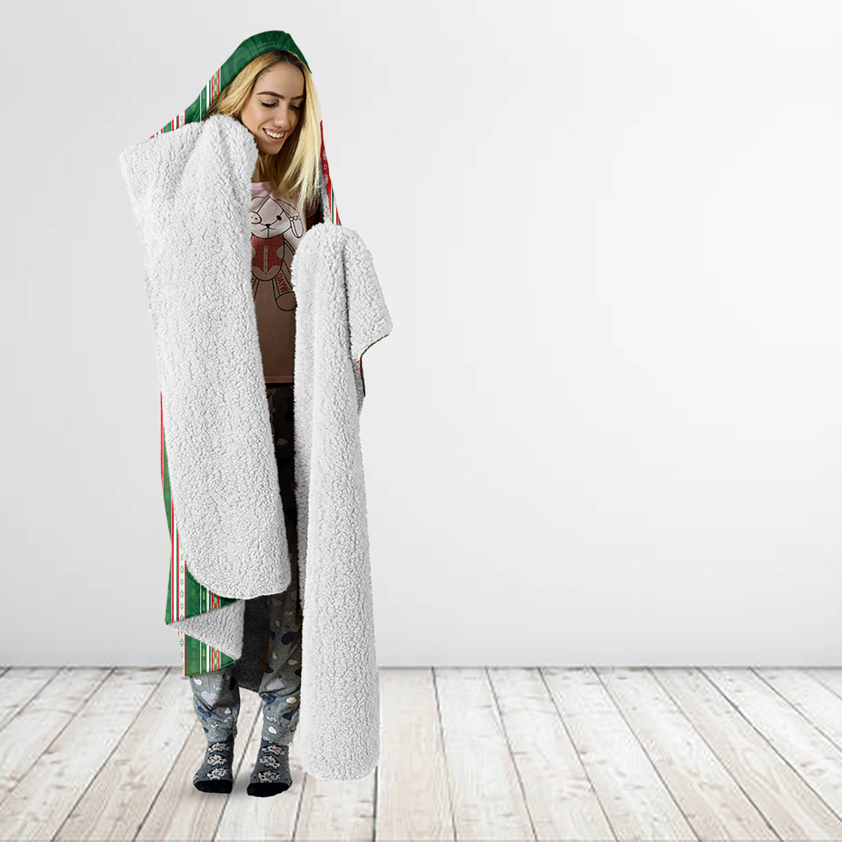 Custom Kiribati Christmas Hooded Blanket Santa With Gift Bag Behind Ribbons Seamless Green Maori LT03 - Polynesian Pride