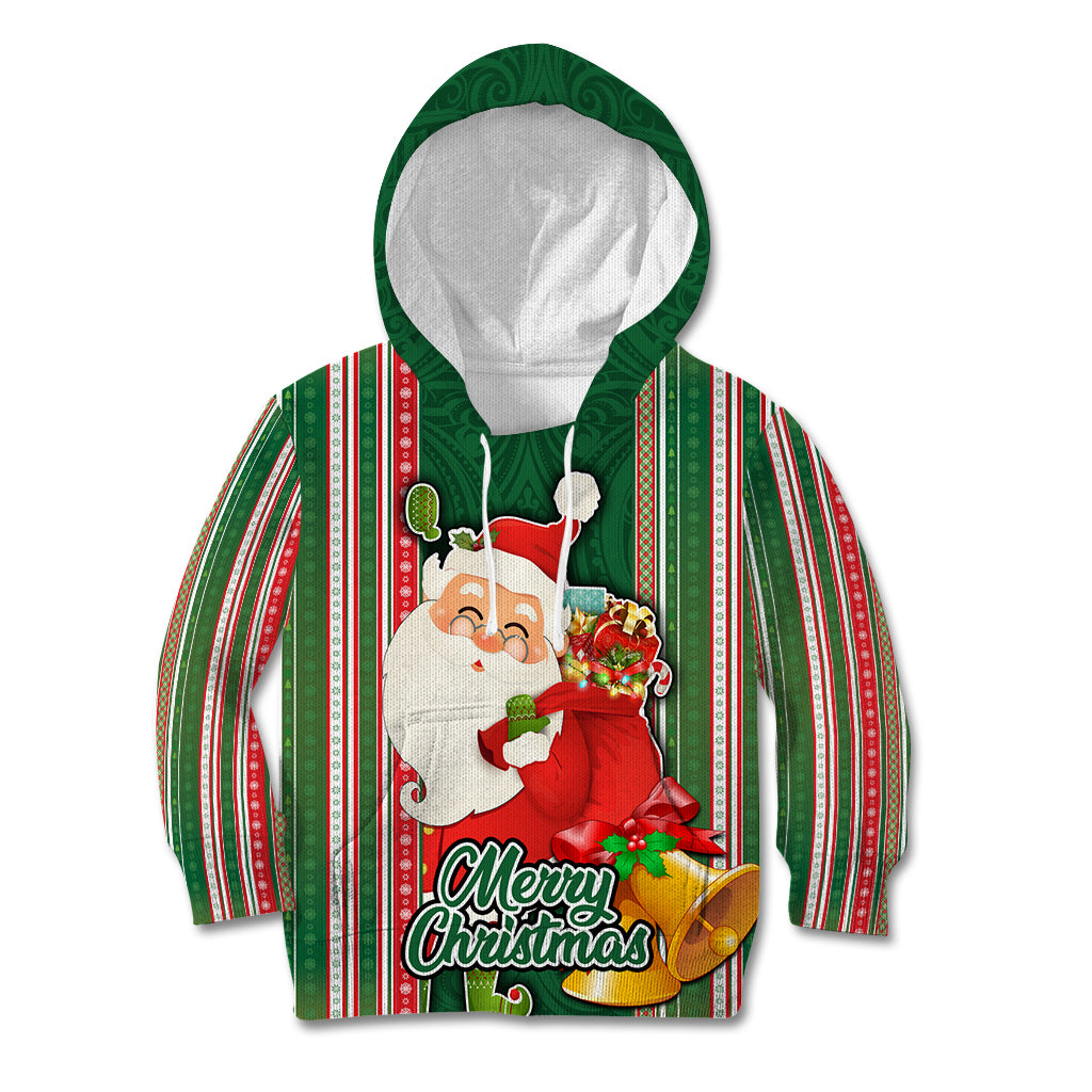 Custom Kiribati Christmas Kid Hoodie Santa With Gift Bag Behind Ribbons Seamless Green Maori LT03 Green - Polynesian Pride