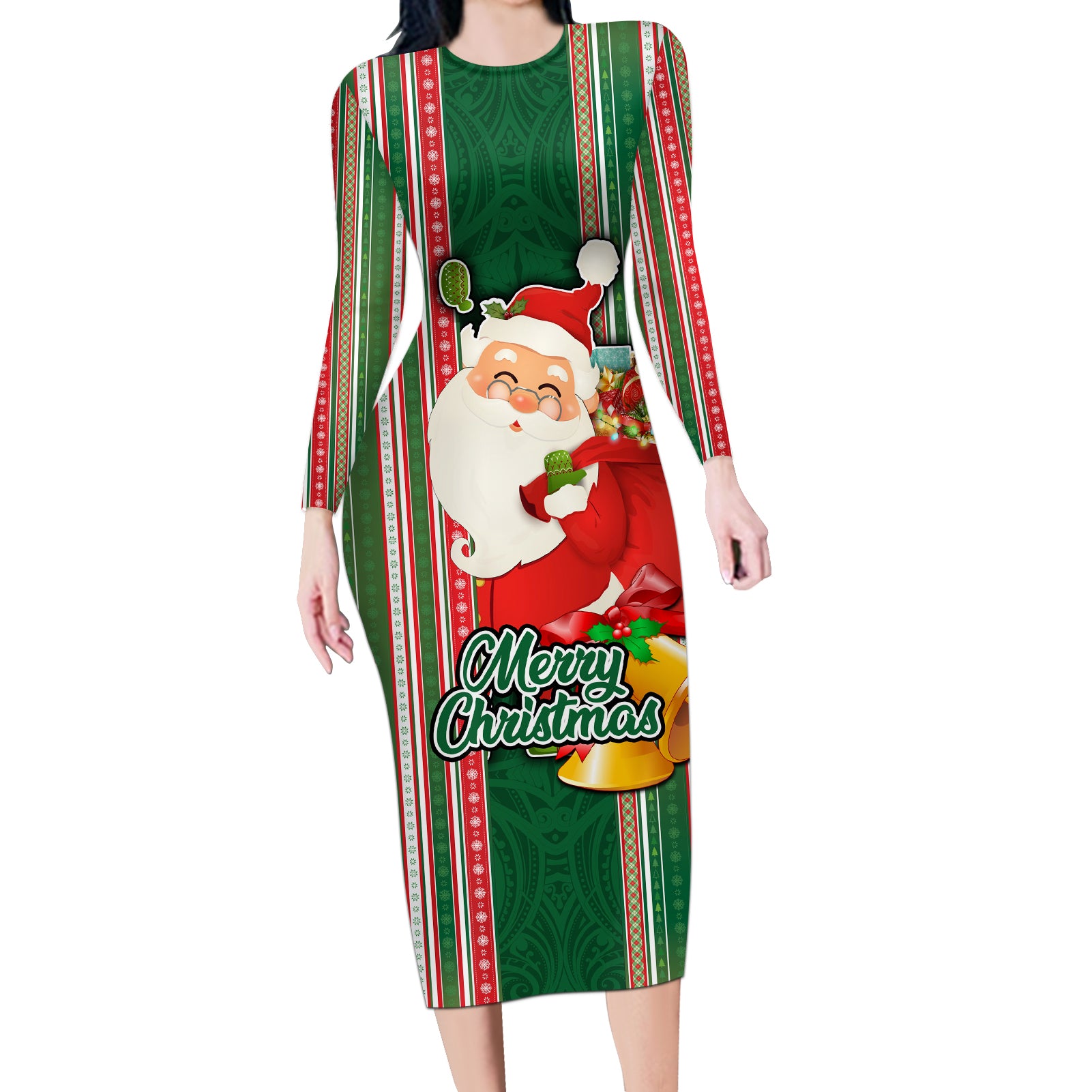 Custom Kiribati Christmas Long Sleeve Bodycon Dress Santa With Gift Bag Behind Ribbons Seamless Green Maori LT03 Long Dress Green - Polynesian Pride