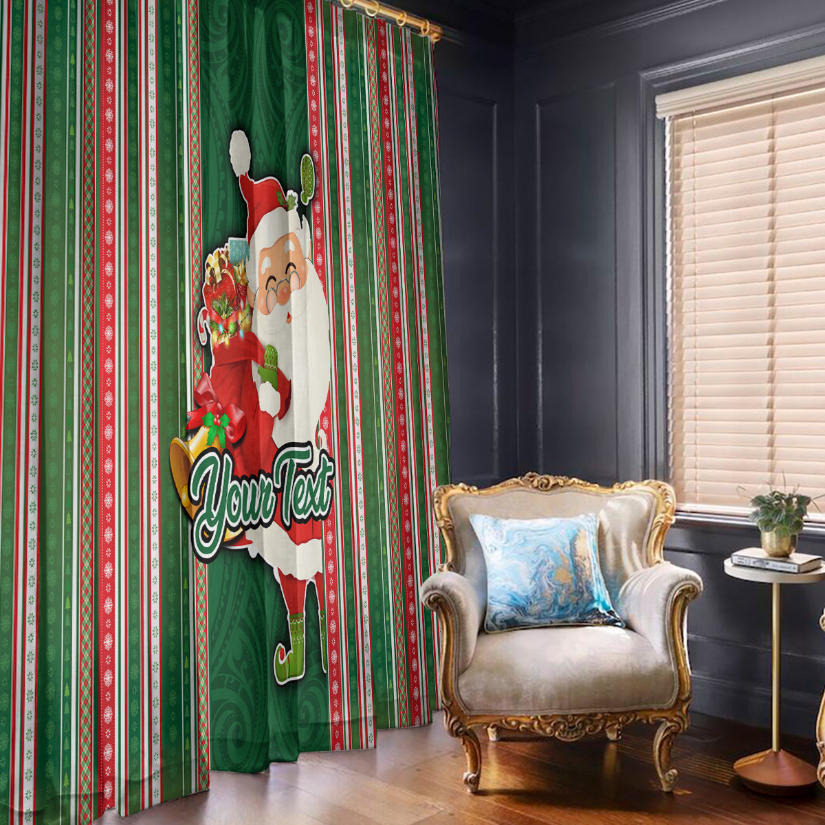 Custom Kiribati Christmas Window Curtain Santa With Gift Bag Behind Ribbons Seamless Green Maori LT03 With Hooks Green - Polynesian Pride