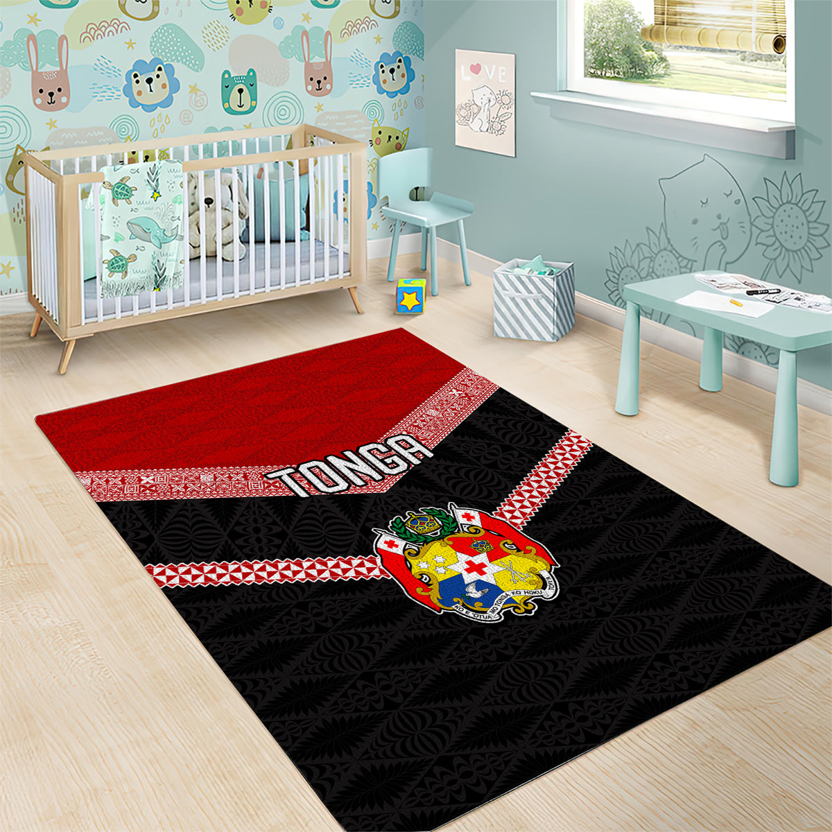 Tonga Area Rug Tonga Coat of Arms with Seamless Tapa Ngatu Pattern LT03 - Polynesian Pride