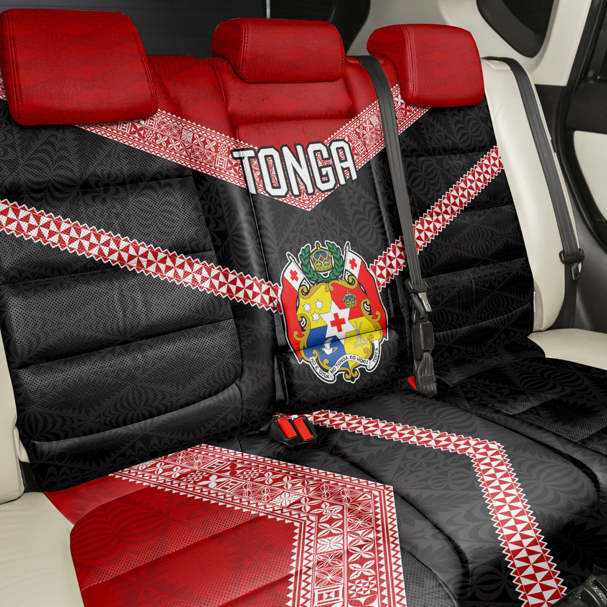 Tonga Back Car Seat Cover Tonga Coat of Arms with Seamless Tapa Ngatu Pattern