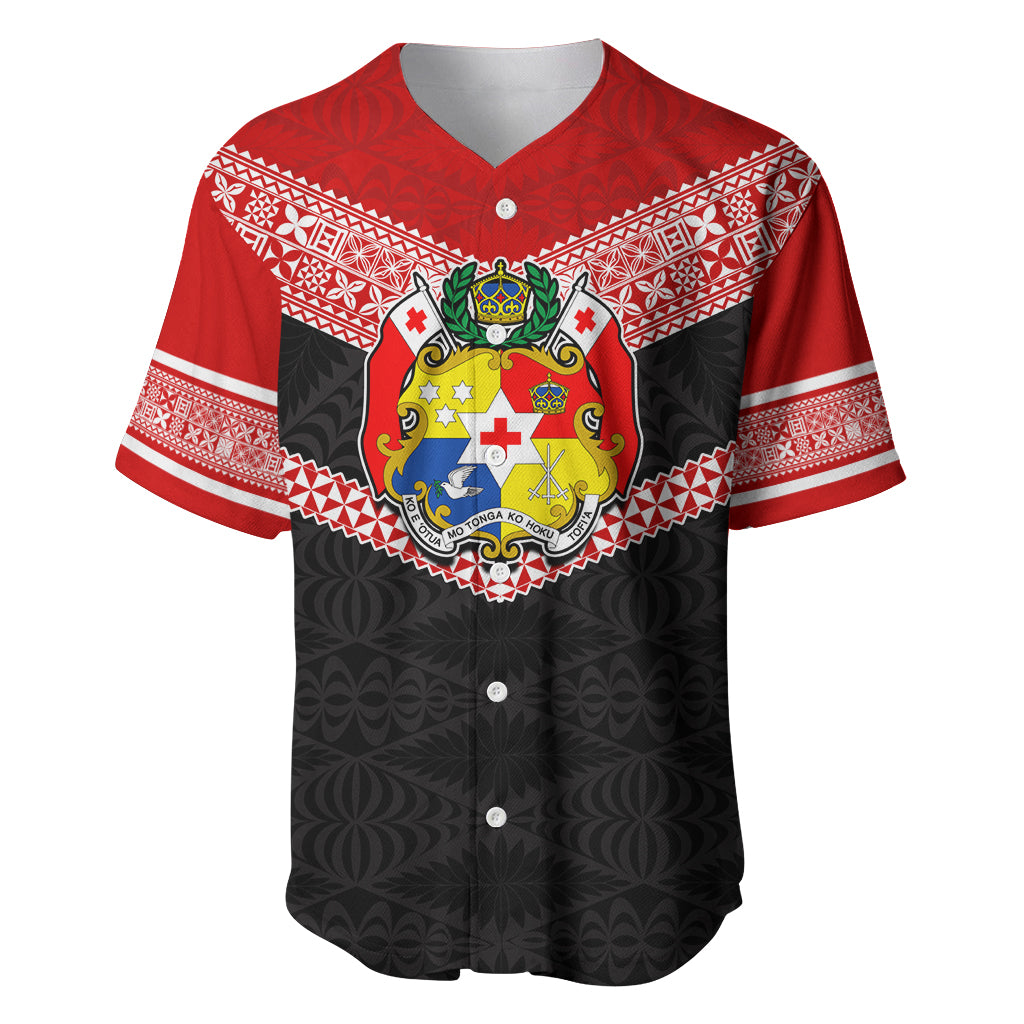 Tonga Baseball Jersey Tonga Coat of Arms with Seamless Tapa Ngatu Pattern LT03 Black - Polynesian Pride