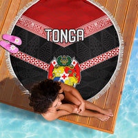 Tonga Beach Blanket Tonga Coat of Arms with Seamless Tapa Ngatu Pattern LT03 - Wonder Print Shop