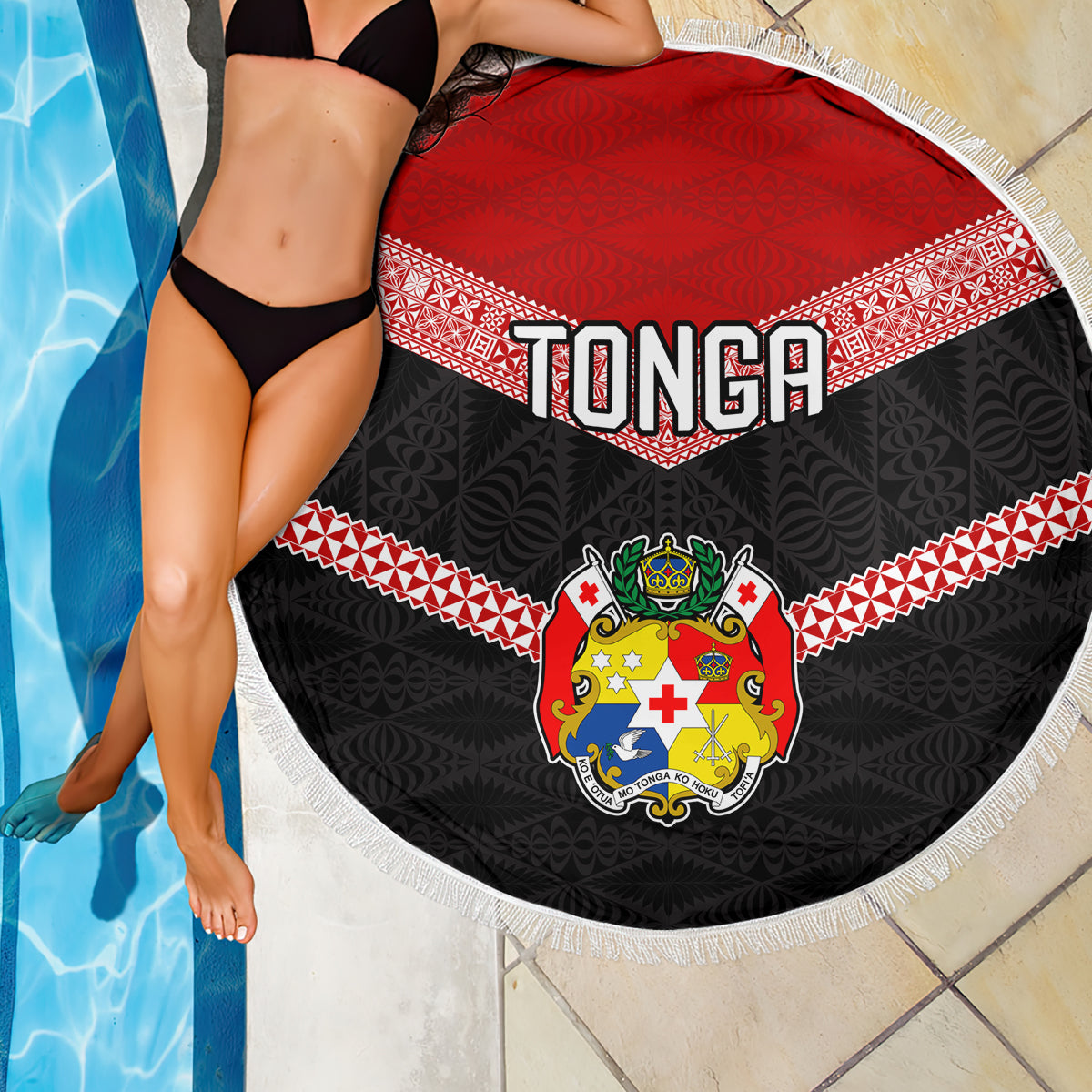 Tonga Beach Blanket Tonga Coat of Arms with Seamless Tapa Ngatu Pattern LT03 - Wonder Print Shop