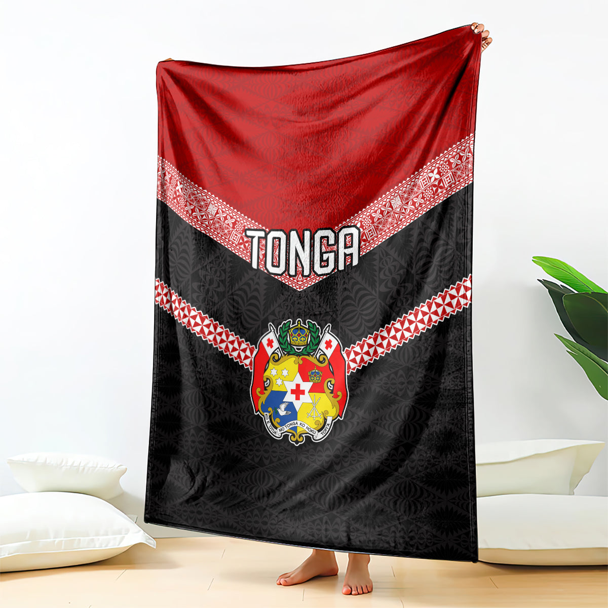 Tonga Blanket Tonga Coat of Arms with Seamless Tapa Ngatu Pattern LT03 Black - Polynesian Pride