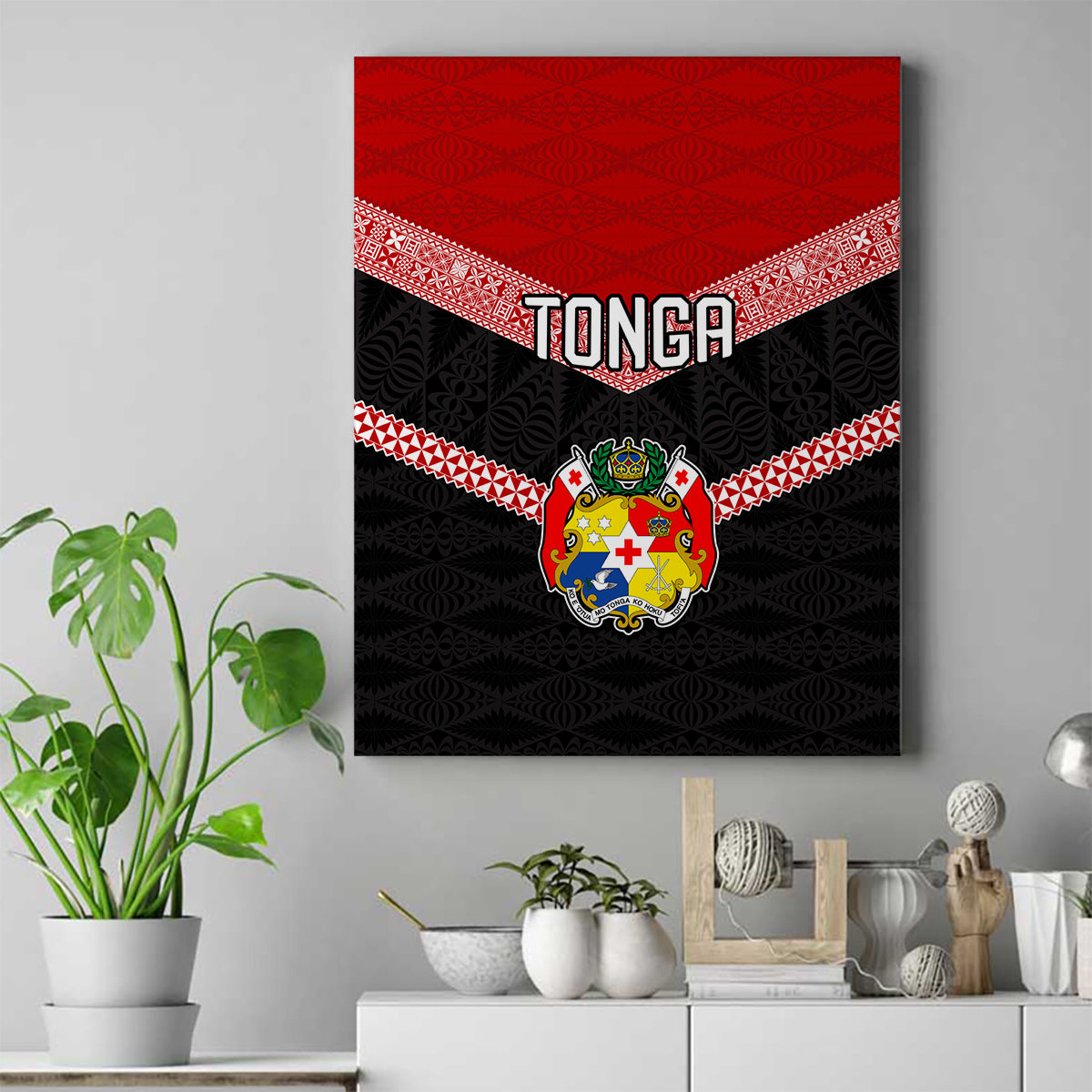 Tonga Canvas Wall Art Tonga Coat of Arms with Seamless Tapa Ngatu Pattern LT03 Black - Polynesian Pride