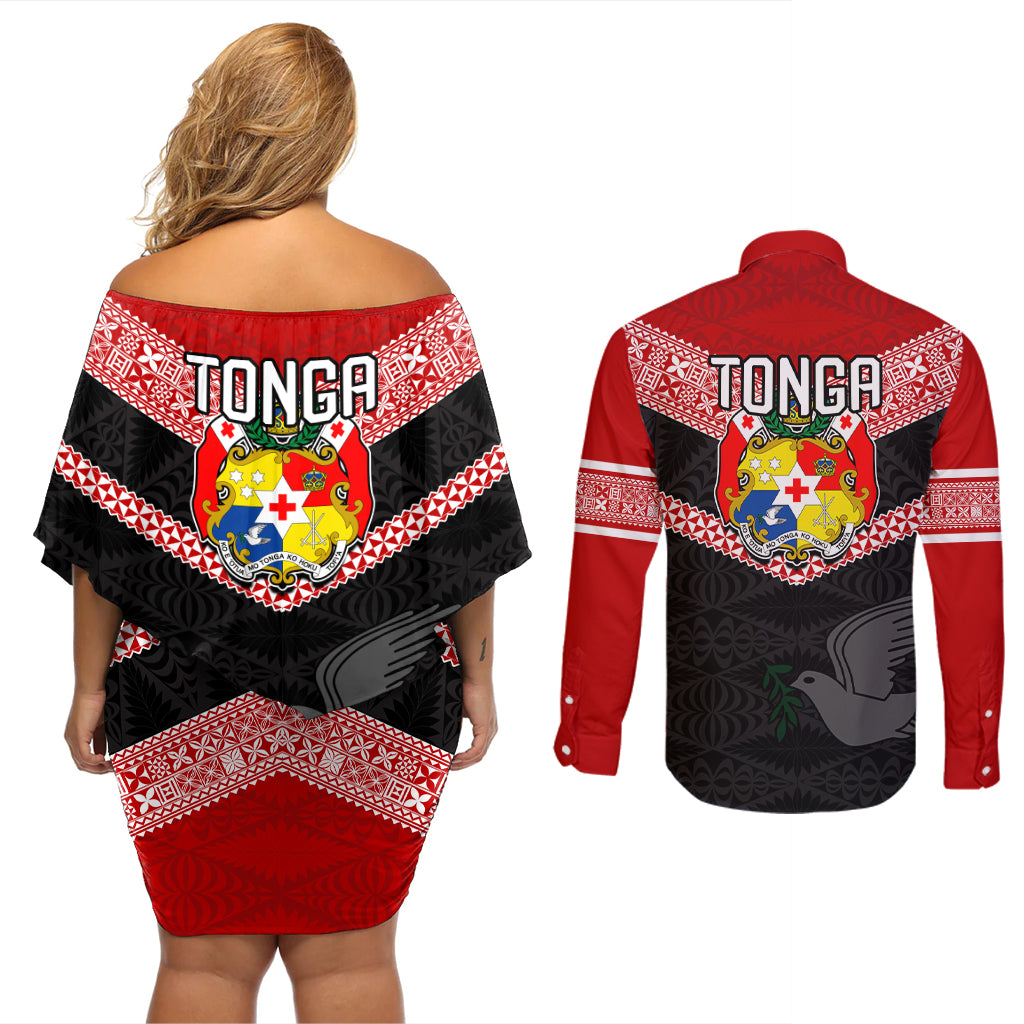 Tonga Couples Matching Off Shoulder Short Dress and Long Sleeve Button Shirts Tonga Coat of Arms with Seamless Tapa Ngatu Pattern LT03 - Polynesian Pride