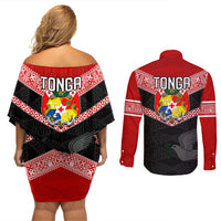 Tonga Couples Matching Off Shoulder Short Dress and Long Sleeve Button Shirts Tonga Coat of Arms with Seamless Tapa Ngatu Pattern LT03 - Polynesian Pride