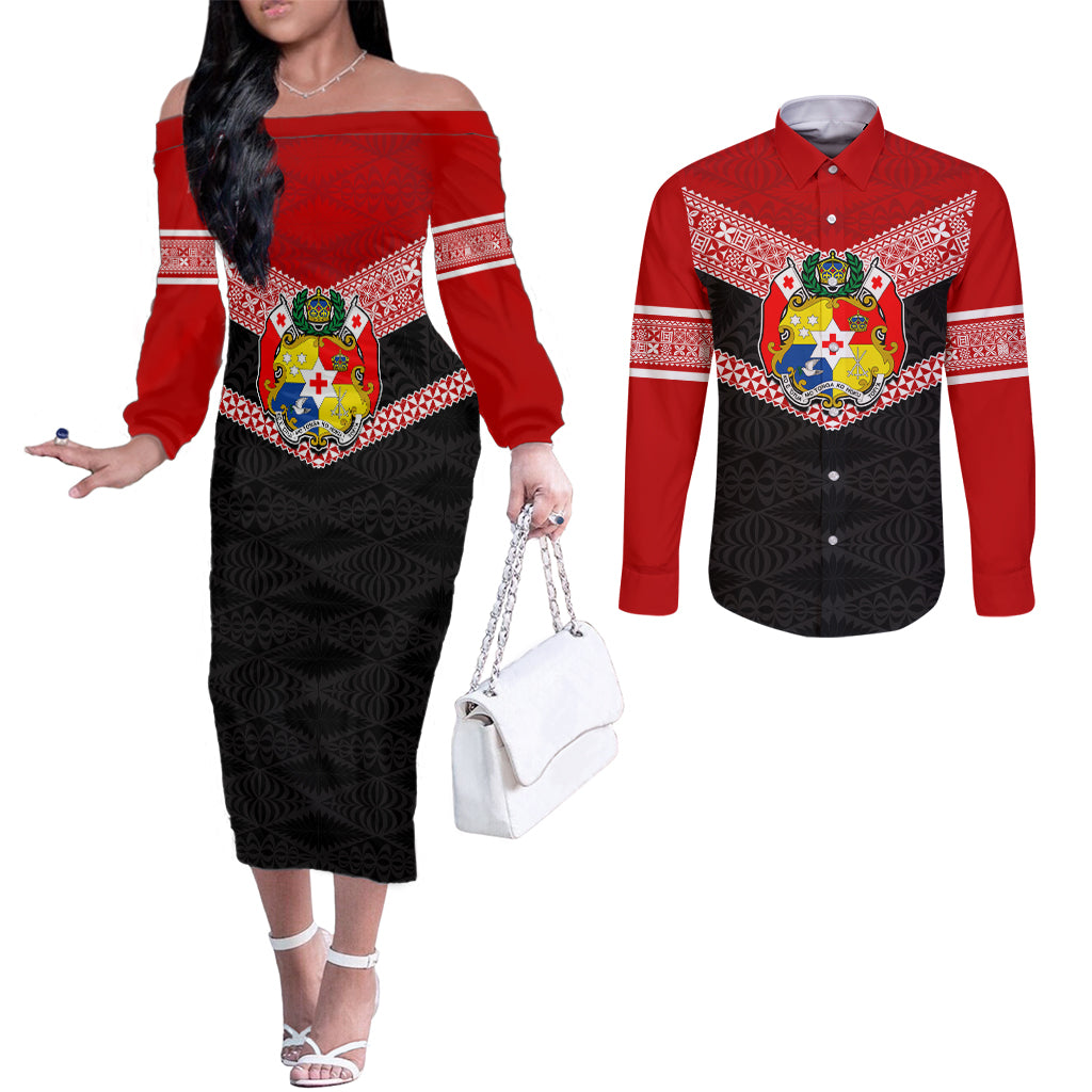 Tonga Couples Matching Off The Shoulder Long Sleeve Dress and Long Sleeve Button Shirts Tonga Coat of Arms with Seamless Tapa Ngatu Pattern LT03 Black - Polynesian Pride