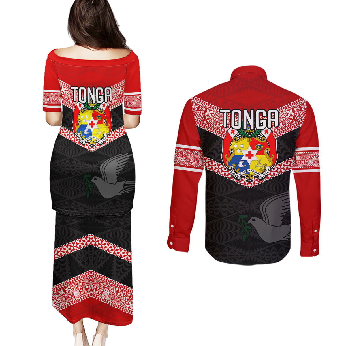 Tonga Couples Matching Puletasi Dress and Long Sleeve Button Shirts Tonga Coat of Arms with Seamless Tapa Ngatu Pattern LT03 - Polynesian Pride