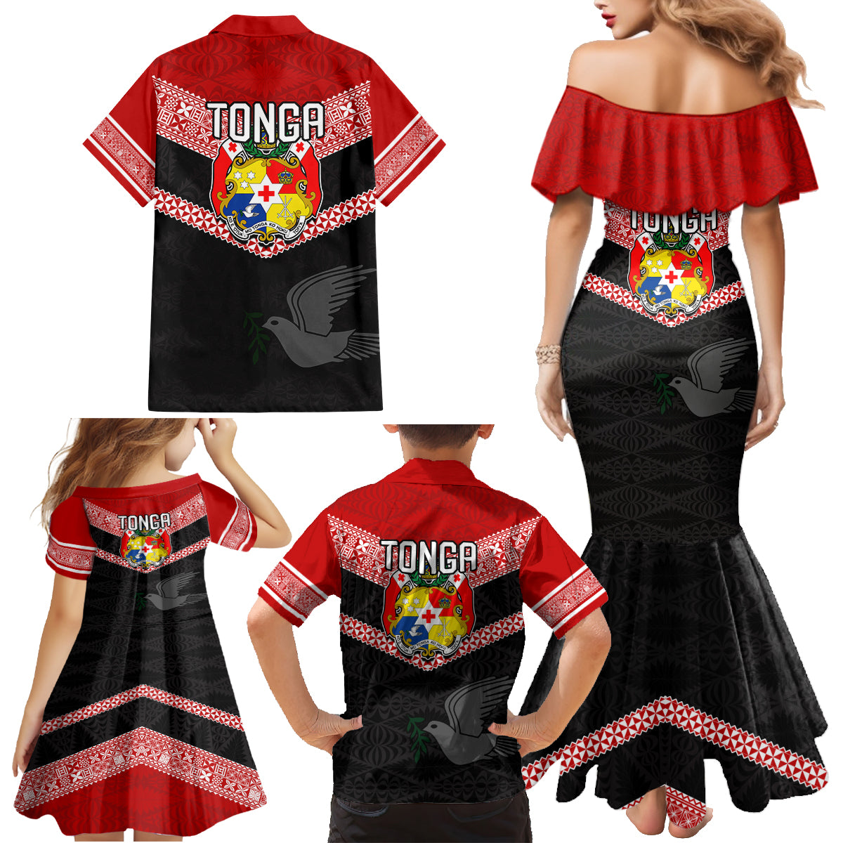 Tonga Family Matching Mermaid Dress and Hawaiian Shirt Tonga Coat of Arms with Seamless Tapa Ngatu Pattern LT03 - Polynesian Pride