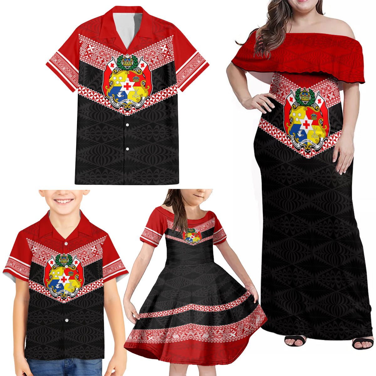 Tonga Family Matching Off Shoulder Maxi Dress and Hawaiian Shirt Tonga Coat of Arms with Seamless Tapa Ngatu Pattern LT03 - Polynesian Pride