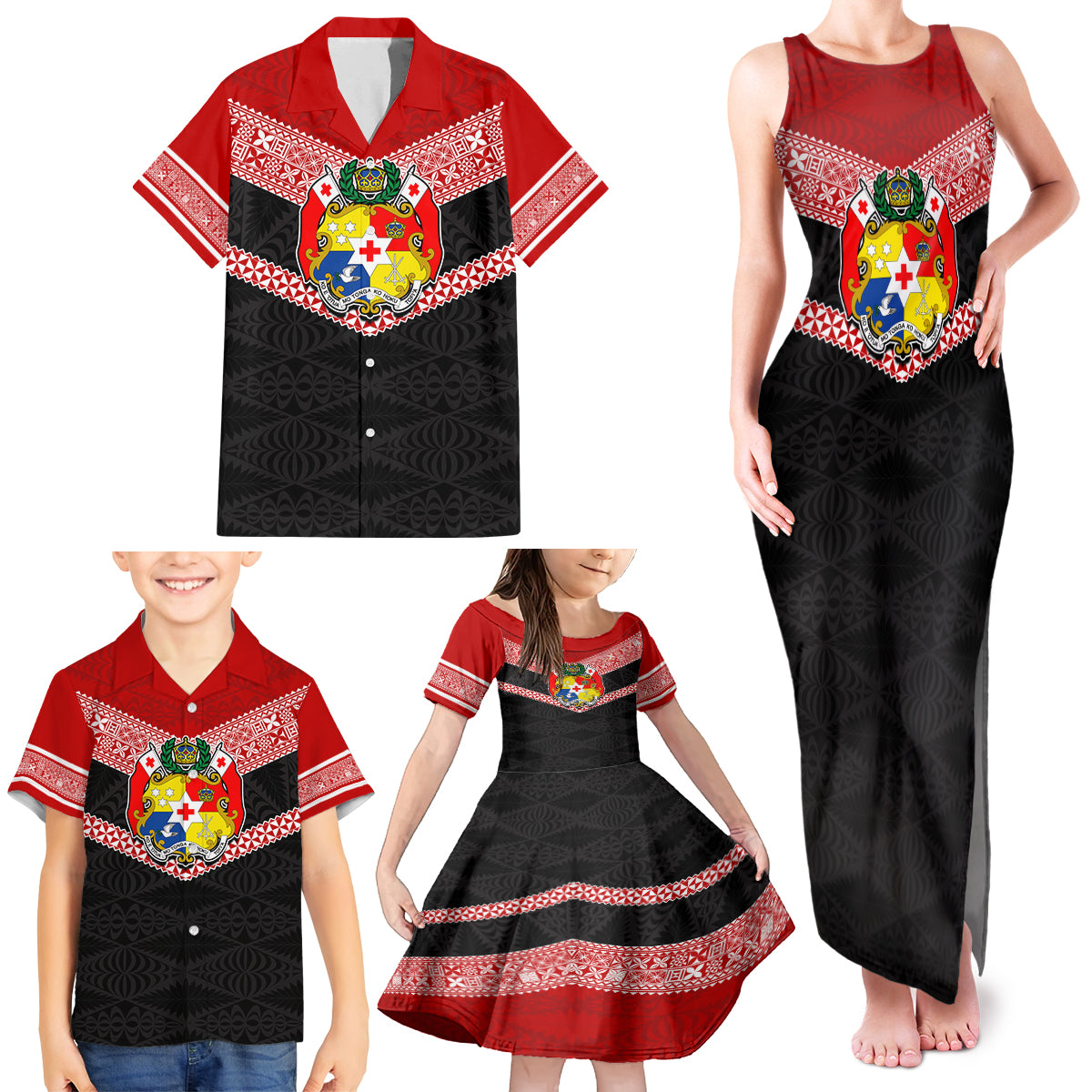 Tonga Family Matching Tank Maxi Dress and Hawaiian Shirt Tonga Coat of Arms with Seamless Tapa Ngatu Pattern LT03 - Polynesian Pride