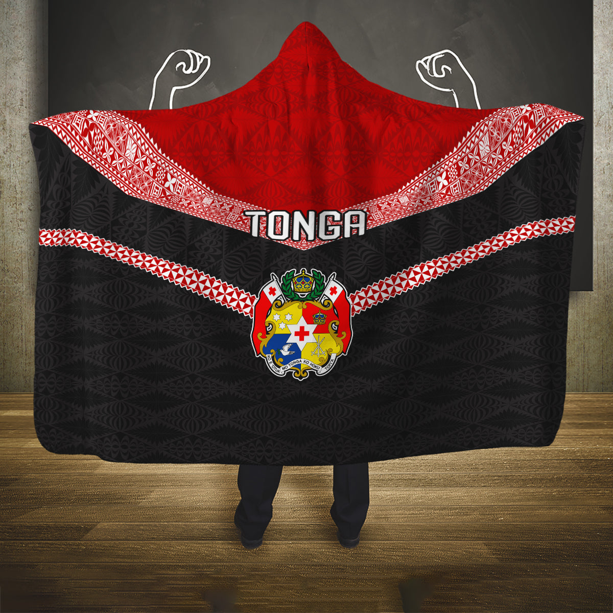 Tonga Hooded Blanket Tonga Coat of Arms with Seamless Tapa Ngatu Pattern LT03 One Size Black - Polynesian Pride