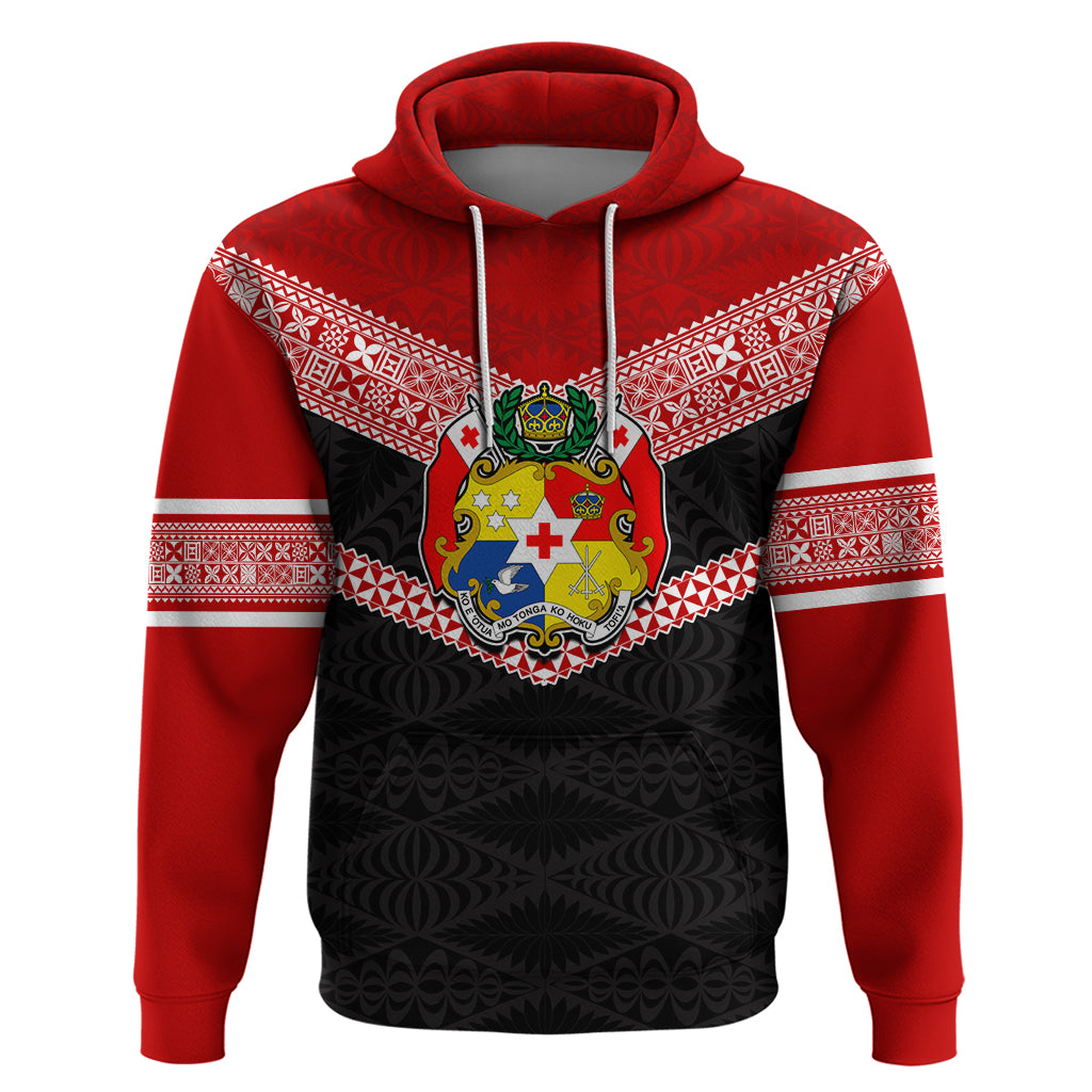 Tonga Hoodie Tonga Coat of Arms with Seamless Tapa Ngatu Pattern LT03 Black - Polynesian Pride