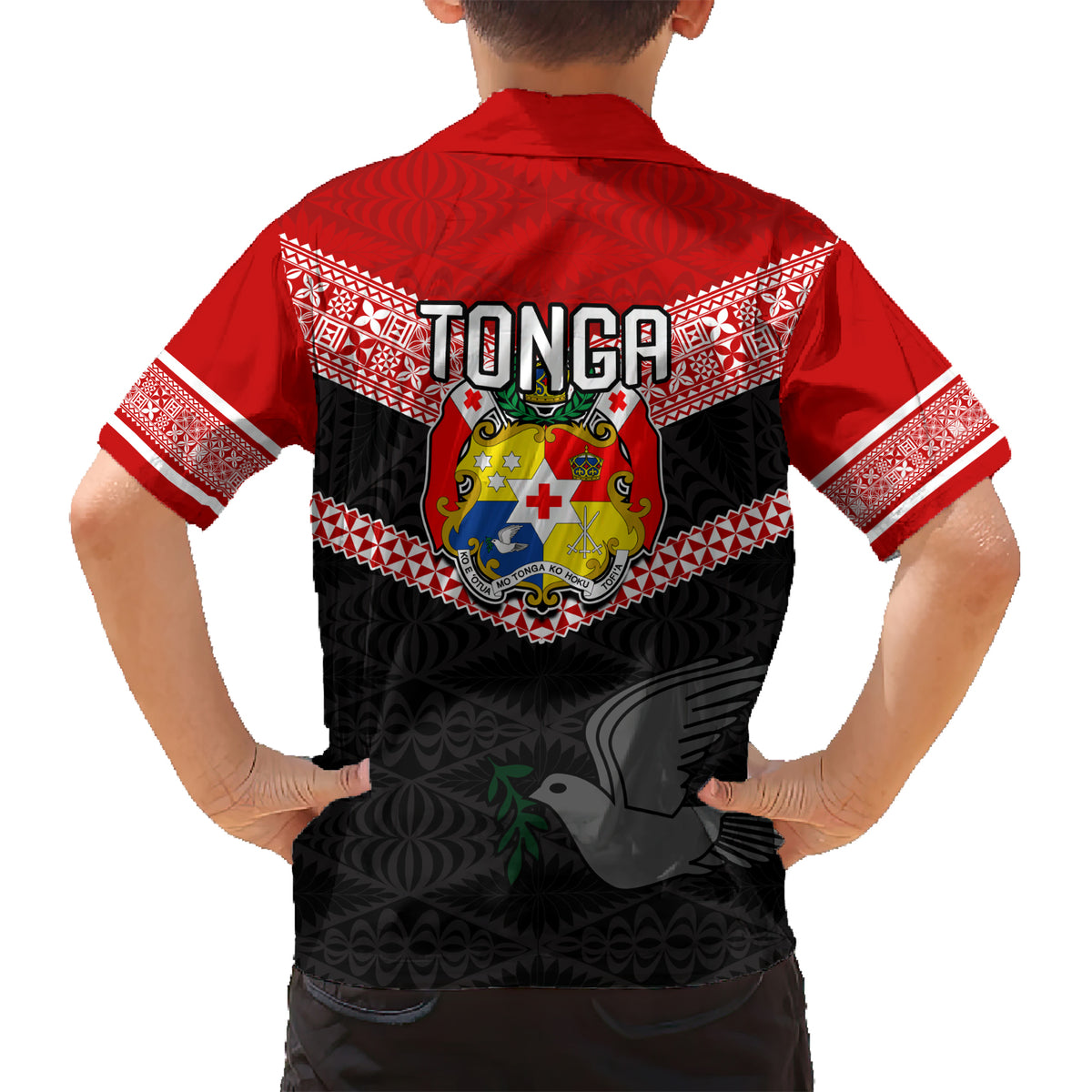 Tonga Kid Hawaiian Shirt Tonga Coat of Arms with Seamless Tapa Ngatu Pattern LT03 - Polynesian Pride