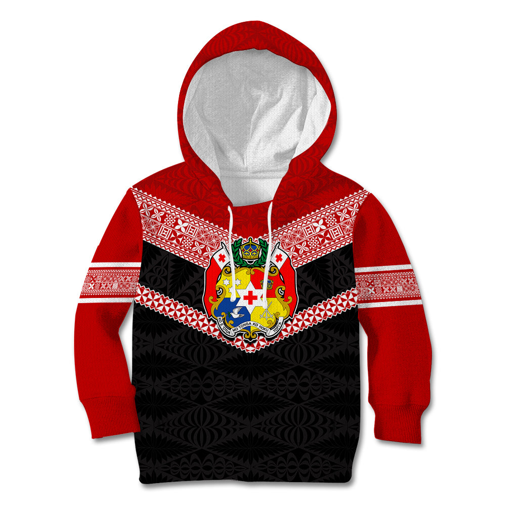 Tonga Kid Hoodie Tonga Coat of Arms with Seamless Tapa Ngatu Pattern LT03 Hoodie Black - Polynesian Pride