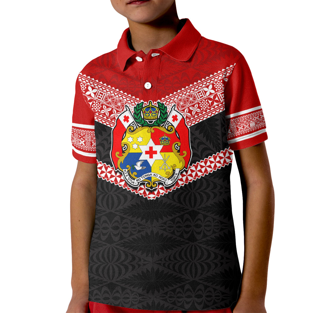 Tonga Kid Polo Shirt Tonga Coat of Arms with Seamless Tapa Ngatu Pattern LT03 Kid Black - Polynesian Pride