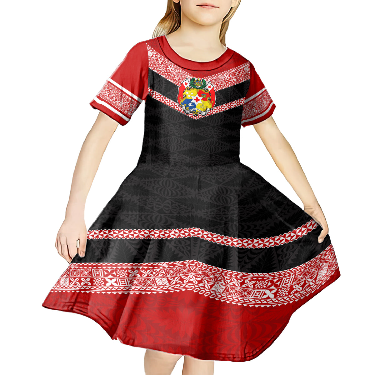 Tonga Kid Short Sleeve Dress Tonga Coat of Arms with Seamless Tapa Ngatu Pattern LT03 - Polynesian Pride