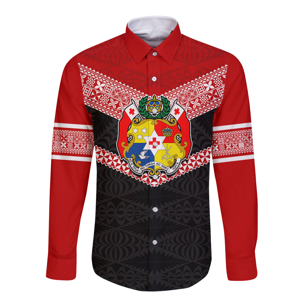 Tonga Long Sleeve Button Shirt Tonga Coat of Arms with Seamless Tapa Ngatu Pattern LT03 Unisex Black - Polynesian Pride