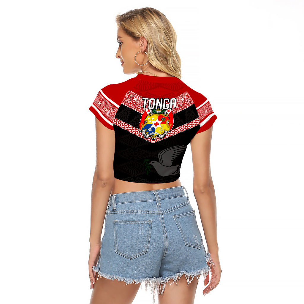 Tonga Raglan Cropped T Shirt Tonga Coat of Arms with Seamless Tapa Ngatu Pattern LT03 - Polynesian Pride