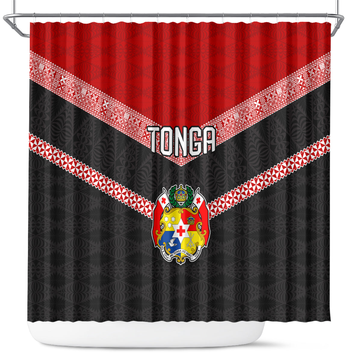 Tonga Shower Curtain Tonga Coat of Arms with Seamless Tapa Ngatu Pattern LT03 Black - Polynesian Pride