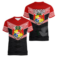 Tonga Women V Neck T Shirt Tonga Coat of Arms with Seamless Tapa Ngatu Pattern LT03 - Polynesian Pride