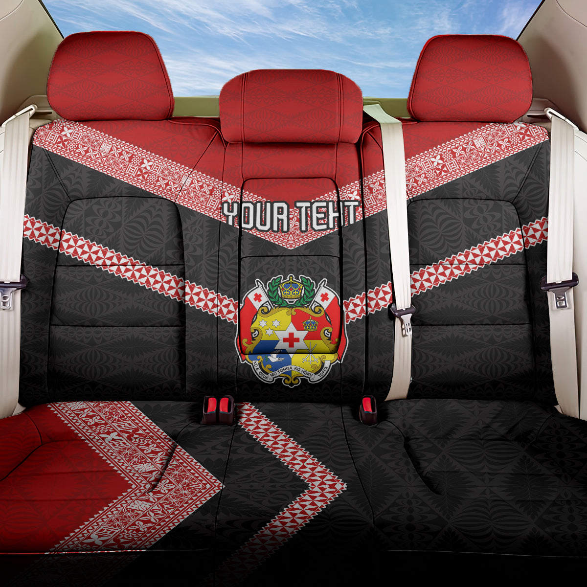 Personalised Tonga Back Car Seat Cover Tonga Coat of Arms with Seamless Tapa Ngatu Pattern