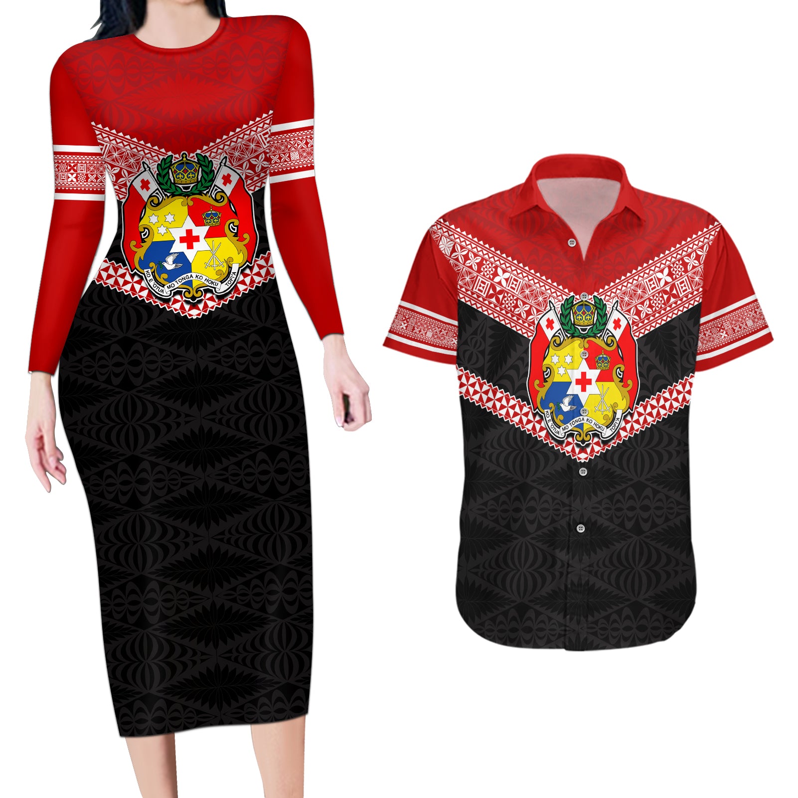 Personalised Tonga Couples Matching Long Sleeve Bodycon Dress and Hawaiian Shirt Tonga Coat of Arms with Seamless Tapa Ngatu Pattern LT03 Black - Polynesian Pride