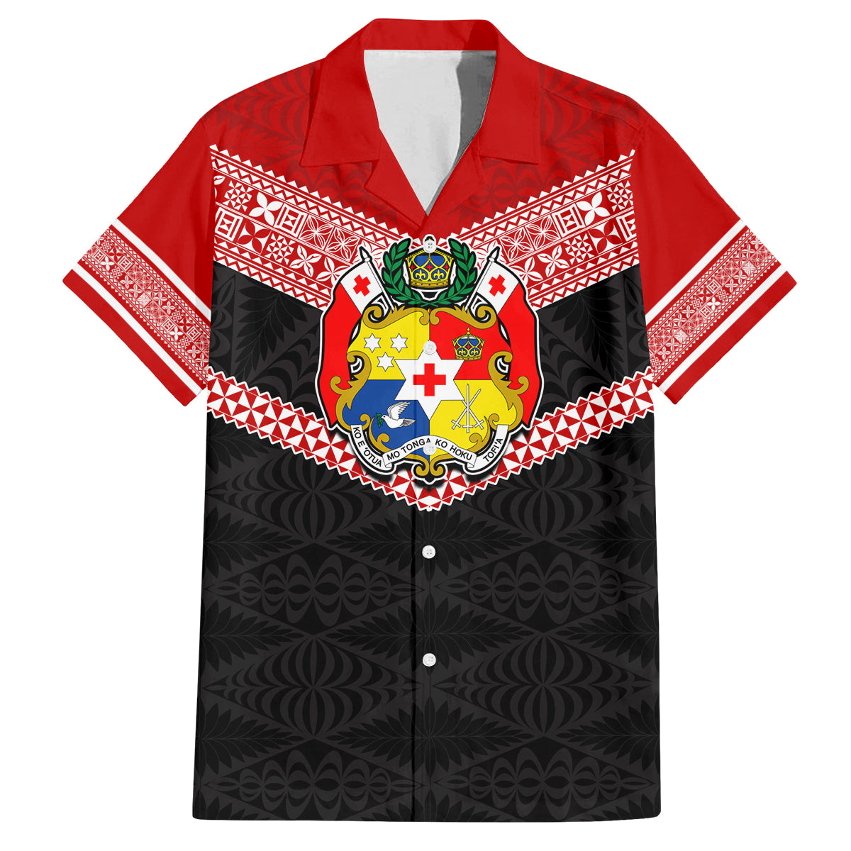 Personalised Tonga Family Matching Long Sleeve Bodycon Dress and Hawaiian Shirt Tonga Coat of Arms with Seamless Tapa Ngatu Pattern LT03 Dad's Shirt - Short Sleeve Black - Polynesian Pride