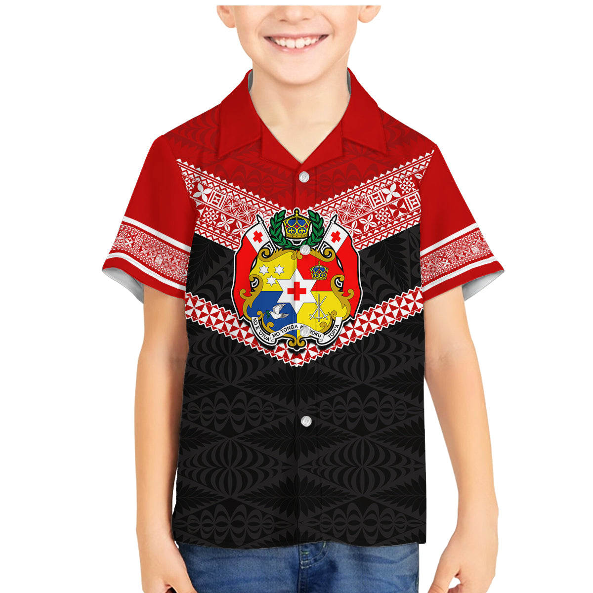 Personalised Tonga Family Matching Mermaid Dress and Hawaiian Shirt Tonga Coat of Arms with Seamless Tapa Ngatu Pattern LT03 Son's Shirt Black - Polynesian Pride