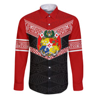 Personalised Tonga Family Matching Short Sleeve Bodycon Dress and Hawaiian Shirt Tonga Coat of Arms with Seamless Tapa Ngatu Pattern LT03 Dad's Shirt - Long Sleeve Black - Polynesian Pride