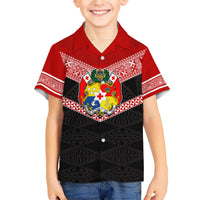 Personalised Tonga Family Matching Short Sleeve Bodycon Dress and Hawaiian Shirt Tonga Coat of Arms with Seamless Tapa Ngatu Pattern LT03 Son's Shirt Black - Polynesian Pride