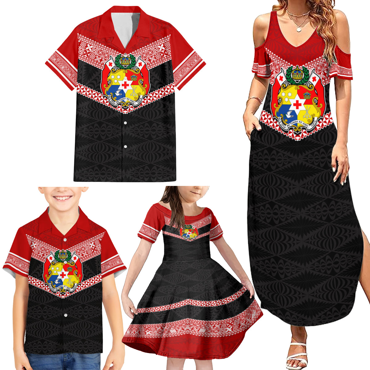 Personalised Tonga Family Matching Summer Maxi Dress and Hawaiian Shirt Tonga Coat of Arms with Seamless Tapa Ngatu Pattern LT03 - Polynesian Pride