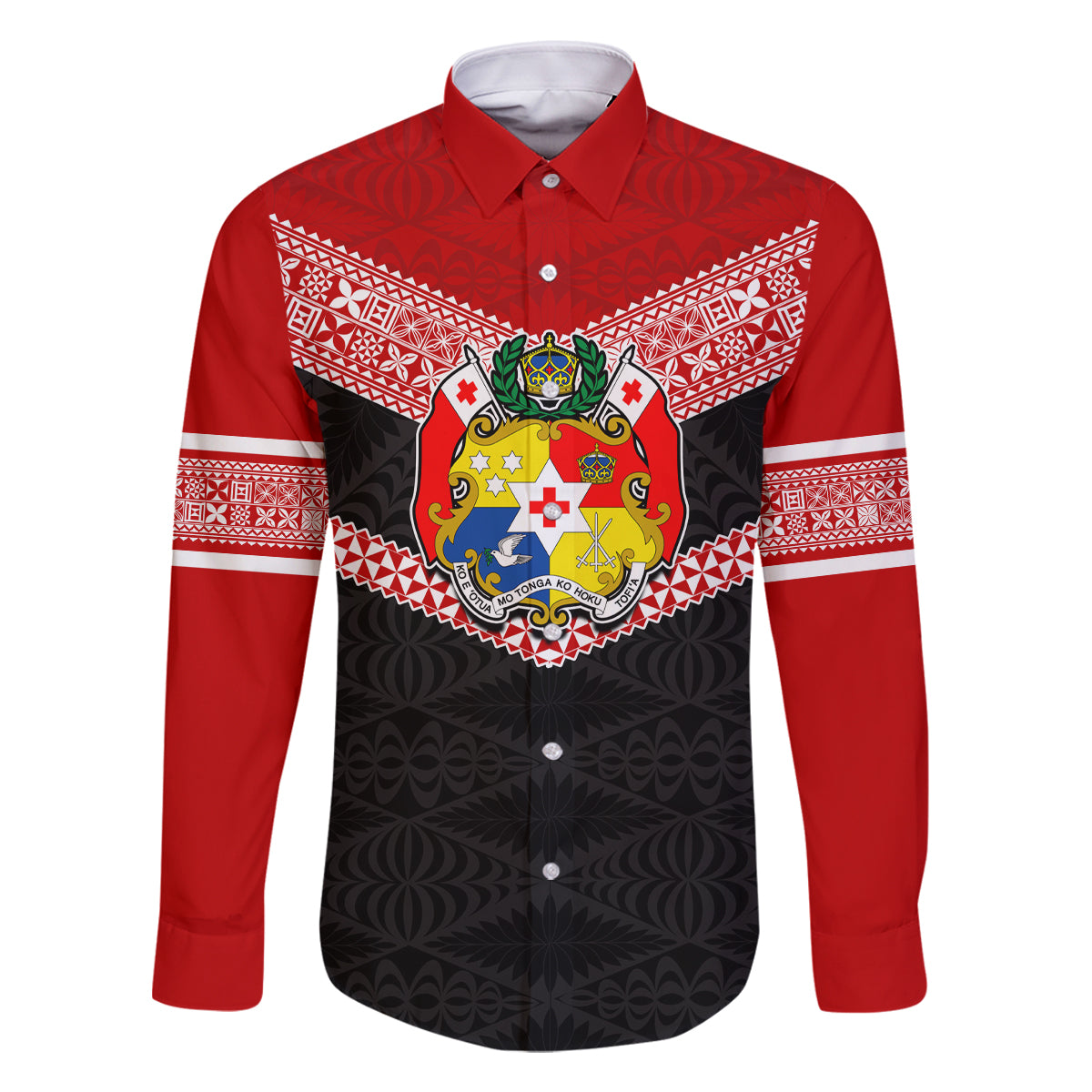 Personalised Tonga Family Matching Summer Maxi Dress and Hawaiian Shirt Tonga Coat of Arms with Seamless Tapa Ngatu Pattern LT03 Dad's Shirt - Long Sleeve Black - Polynesian Pride