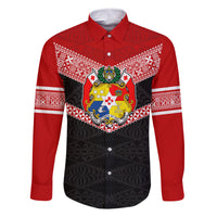 Personalised Tonga Family Matching Tank Maxi Dress and Hawaiian Shirt Tonga Coat of Arms with Seamless Tapa Ngatu Pattern LT03 Dad's Shirt - Long Sleeve Black - Polynesian Pride